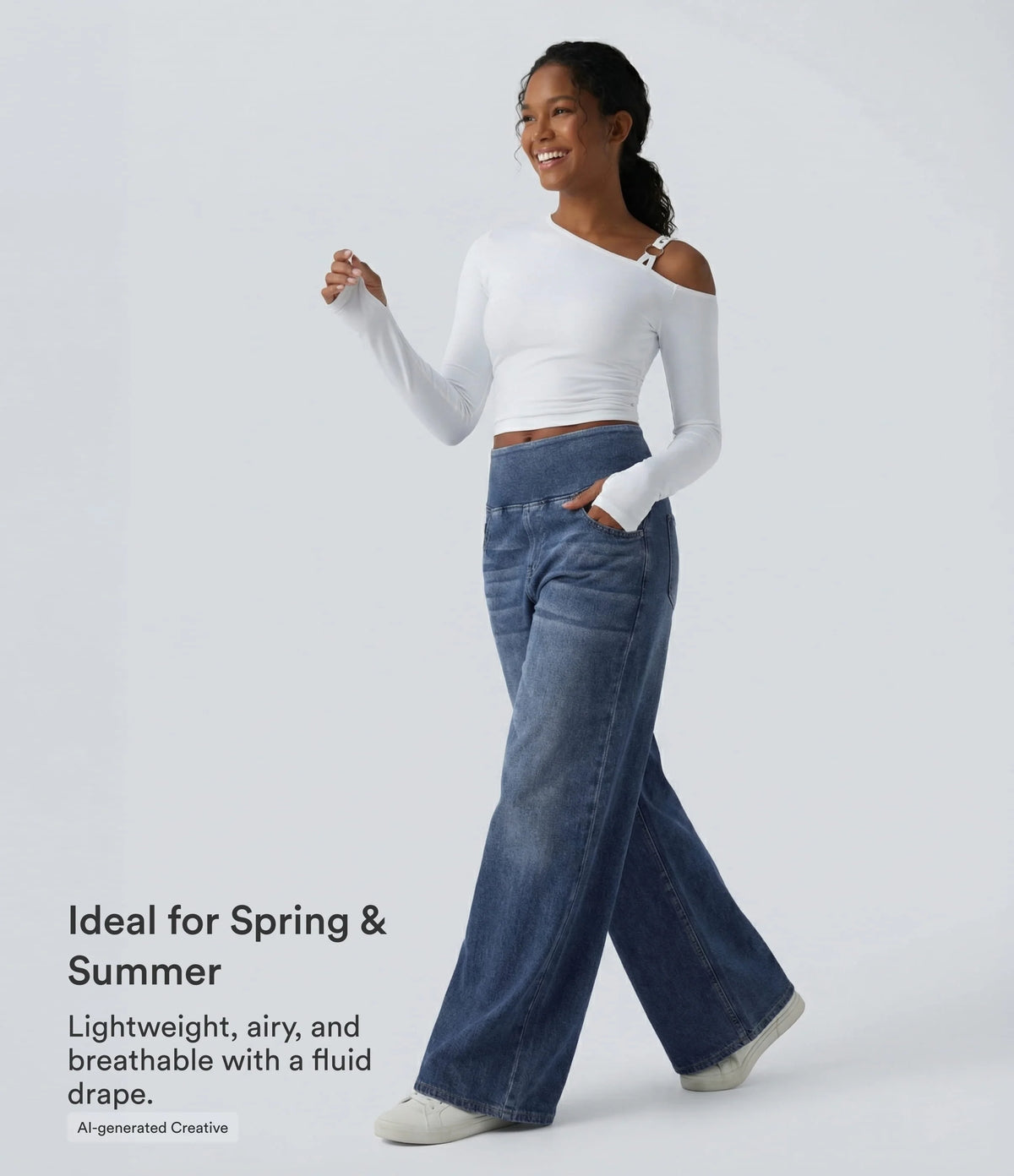 Halara Flex™ Mid Rise Draped Lyocell Washed Casual Baggy Wide Leg Jeans with Pockets