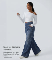 Halara Flex™ Mid Rise Draped Lyocell Washed Casual Baggy Wide Leg Jeans with Pockets